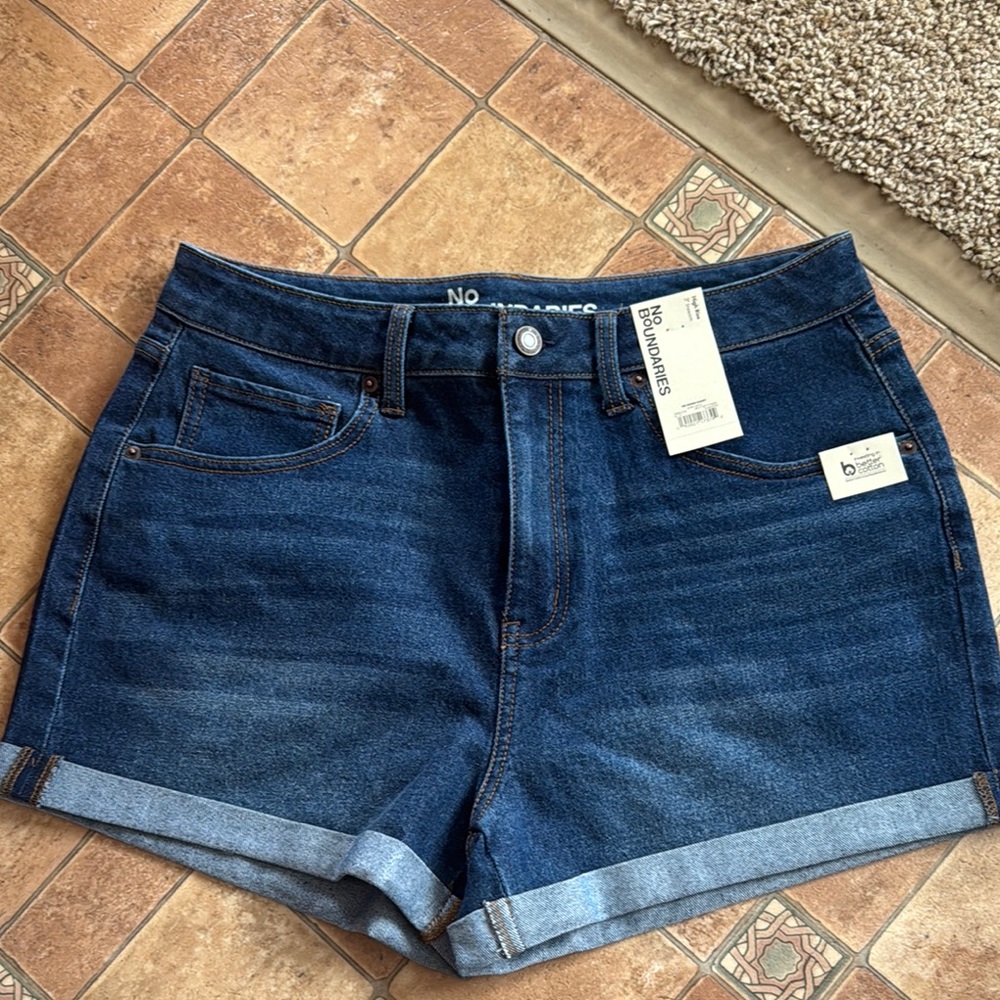 No Boundaries Blue Jean Shorts High-Waisted Rolled Cuff